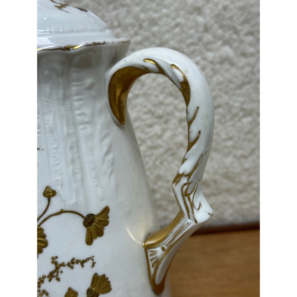 Vintage KT&K China Tall Coffee Pot / Chocolate Pot White Gold Floral Embossed - Picture 11 of 14